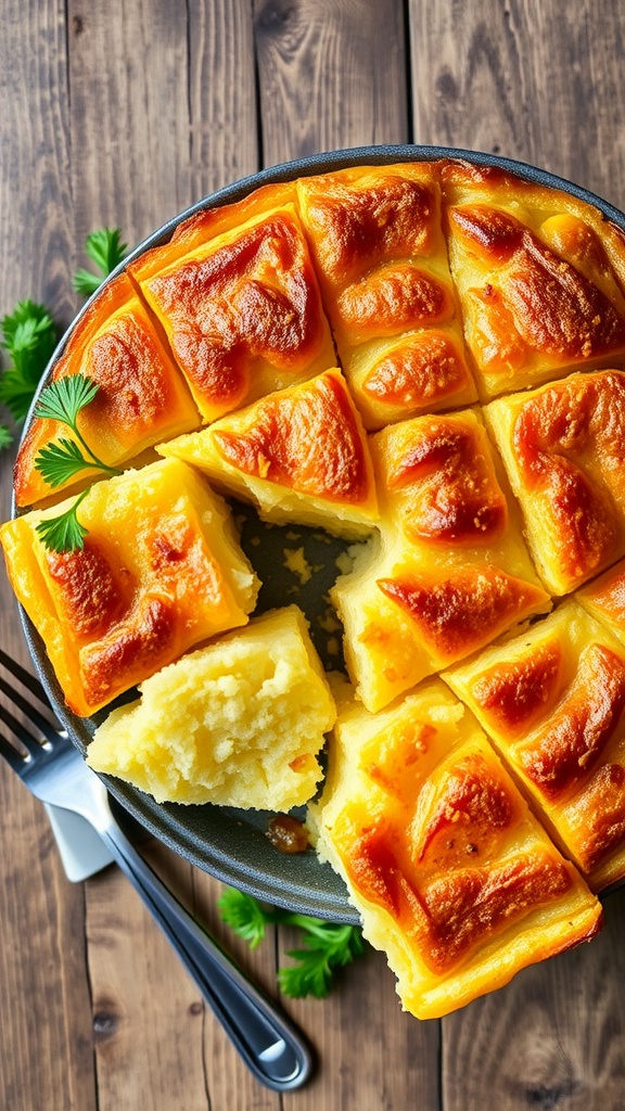 Golden-brown potato kugel, sliced and served on a wooden table with parsley and a fork.